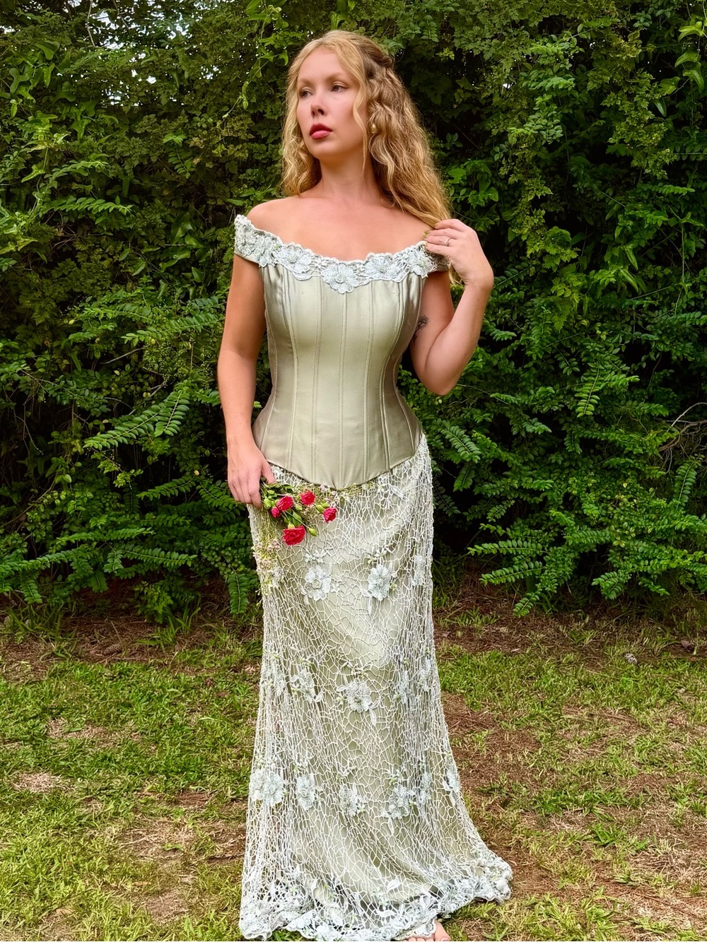 Women’s Silk Sage Green and silver Vintage lace Formal Dress with Floral Accents
